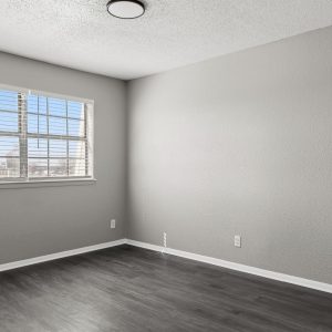 Empty carpeted bedroom with gray walls, dark wood flooring, a large window with blinds, and a ceiling light fixture