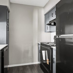 Galley kitchen with gray cabinets, white countertops, black refrigerator, stove, and dishwasher in a renovated apartment.